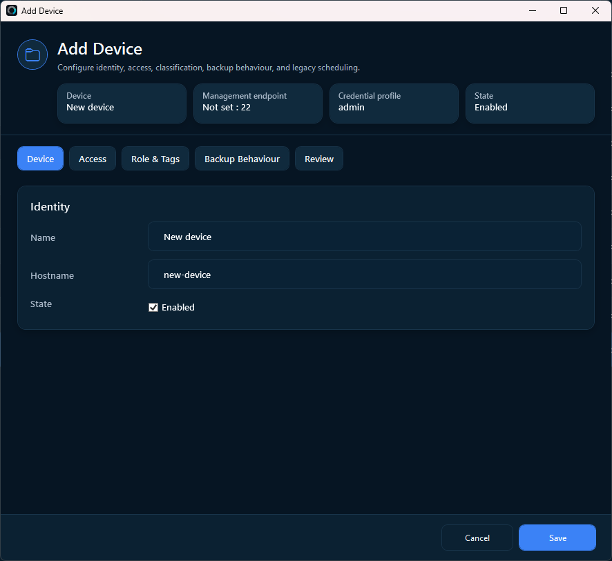 Add Device dialog with Device tab selected, name and hostname fields, Enabled checked and an unset management endpoint.