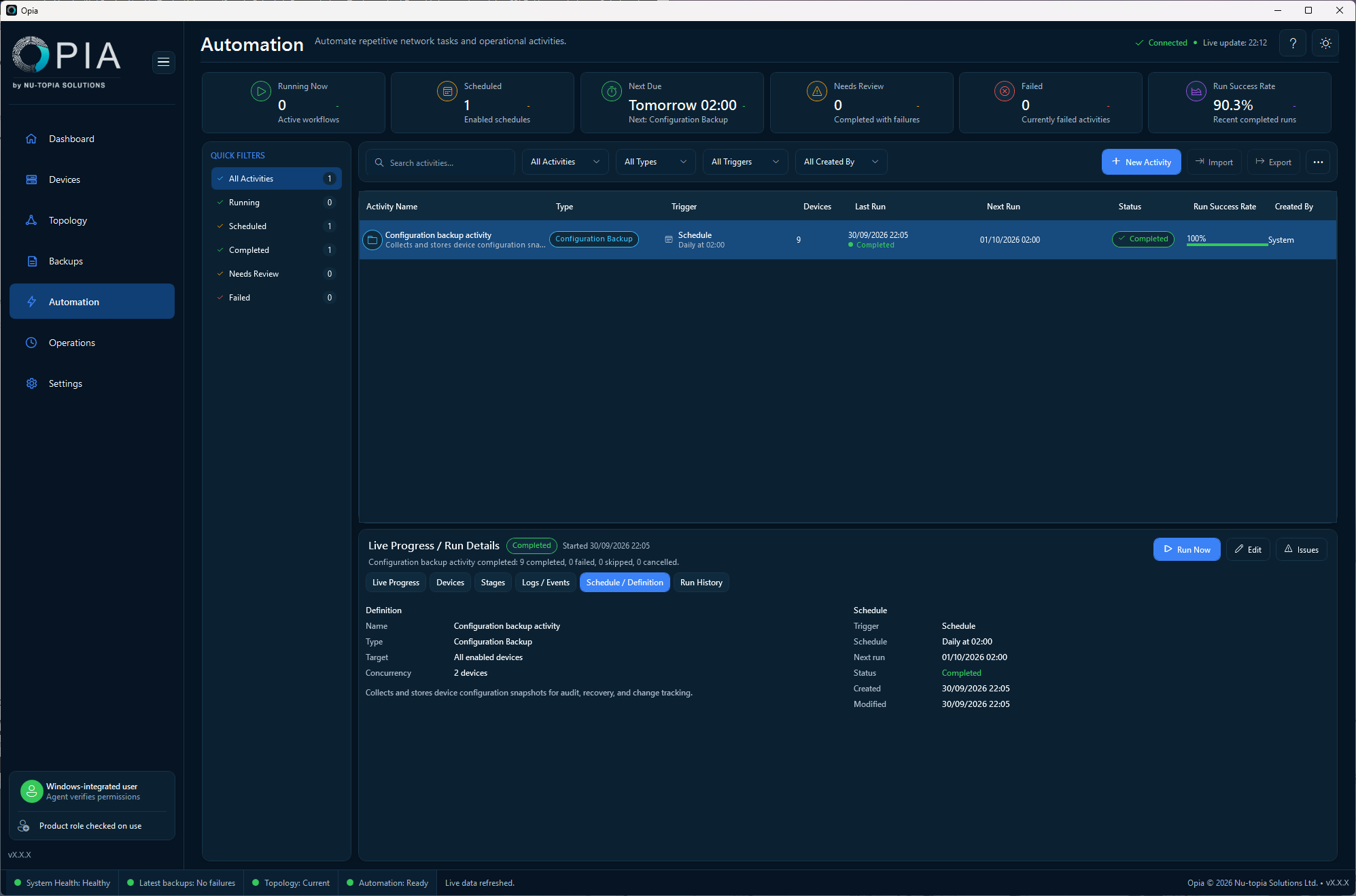 Automation with a configuration backup activity selected and its Schedule / Definition tab showing target, concurrency, daily schedule and completed run.