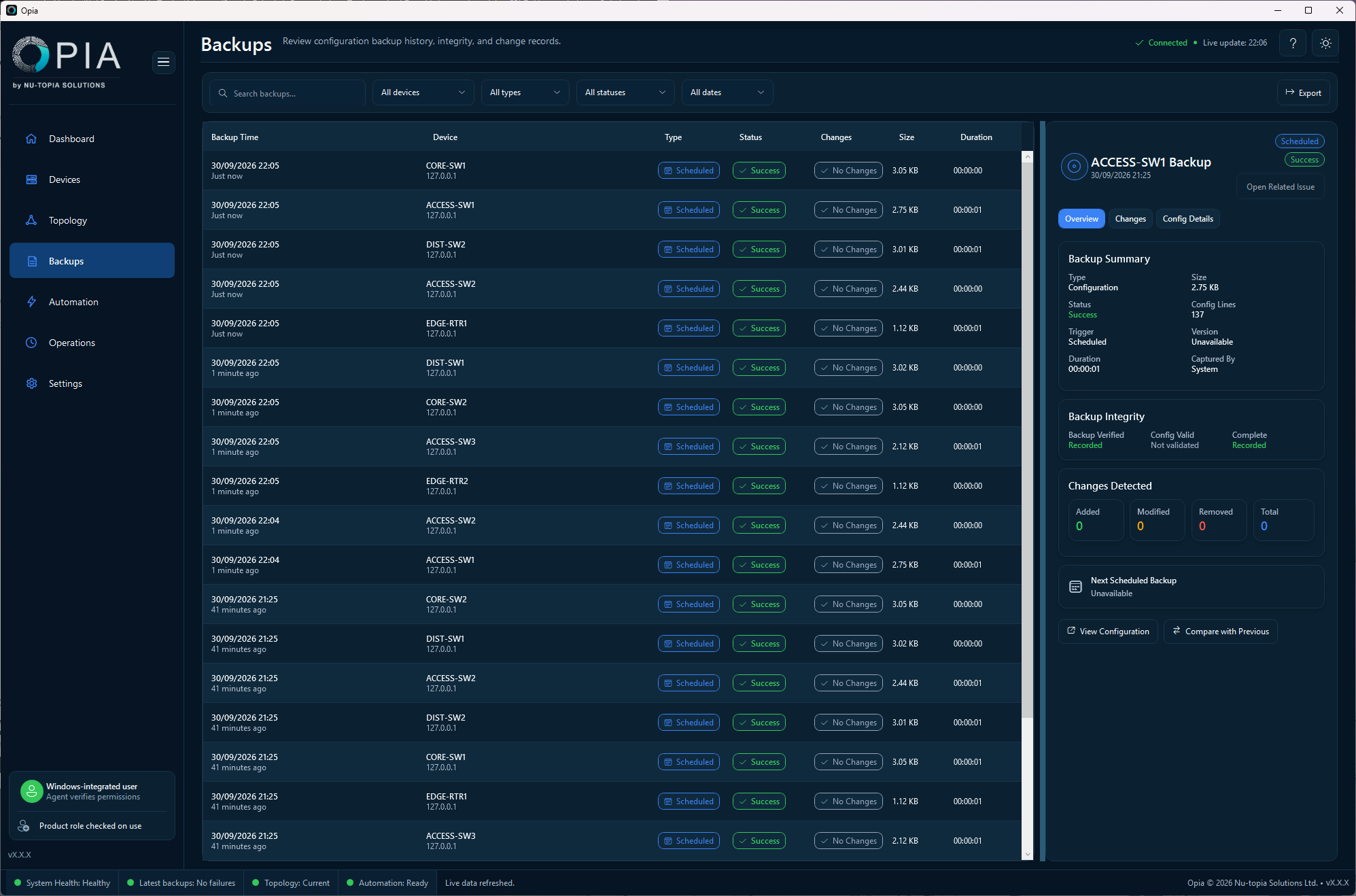 Backup history list with the selected backup's Overview showing summary, integrity, zero detected changes and Compare with Previous control.