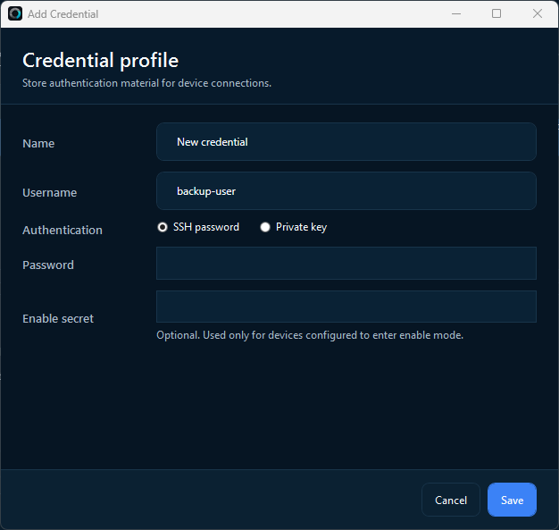 Credential profile dialog with name, username, SSH password or private key selection, and blank password and enable-secret fields.