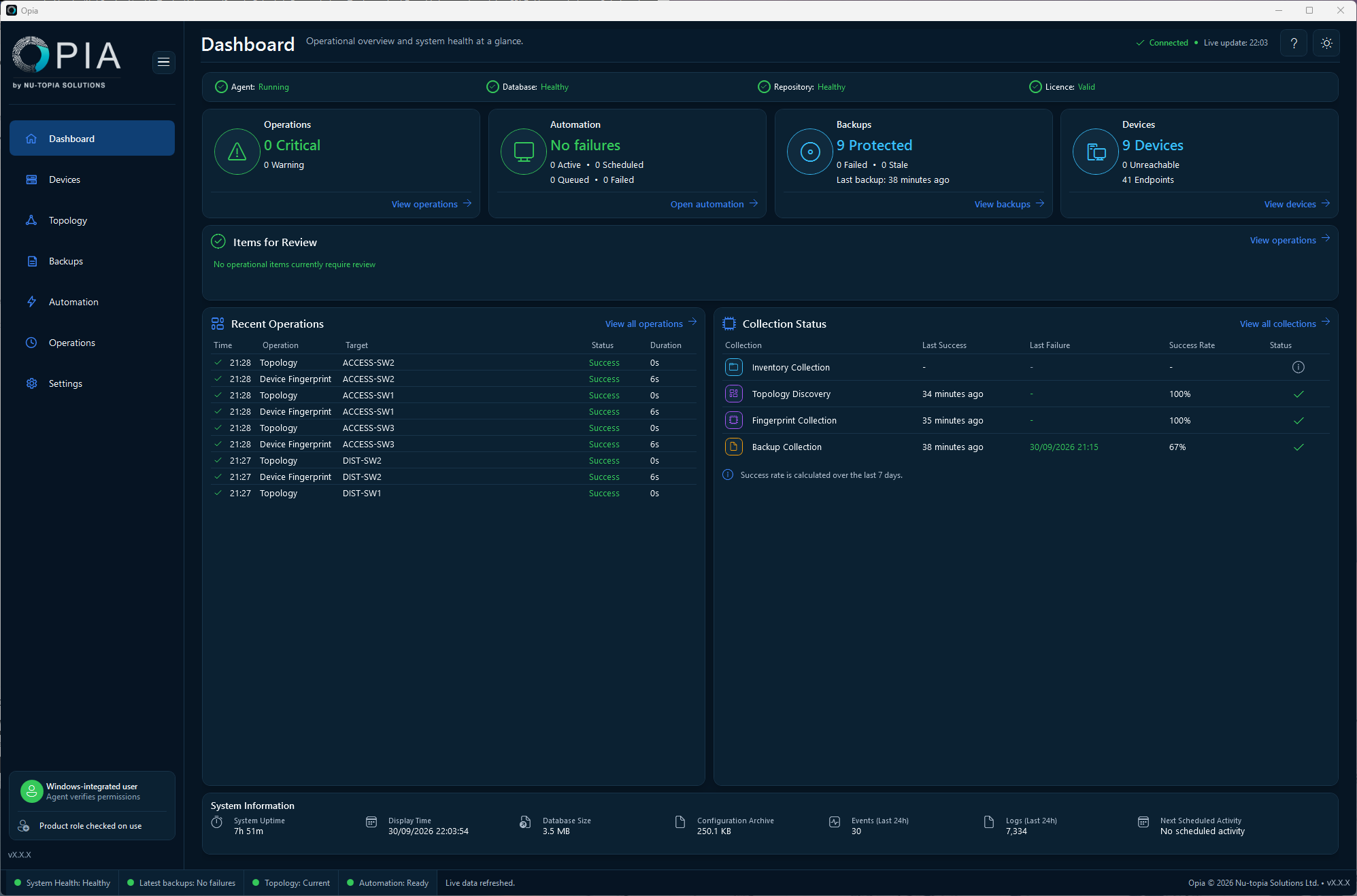 Dashboard with Agent, database, repository and licence status, operational cards, recent operations and collection history.