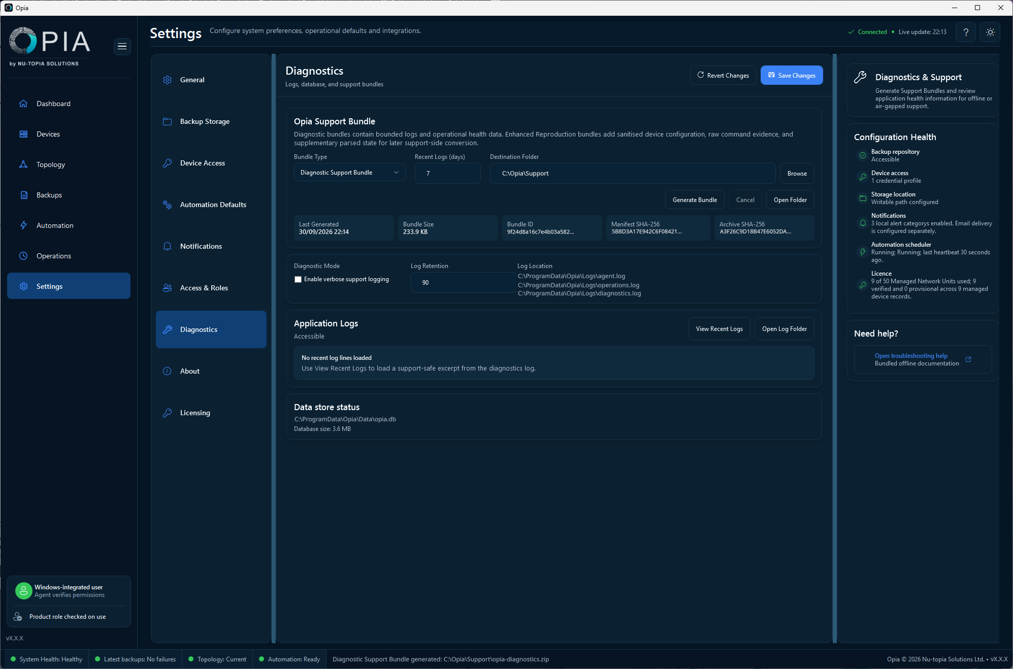 Settings Diagnostics with Diagnostic Support Bundle selected, recent-log days, destination, generated bundle metadata, log settings and data-store status.