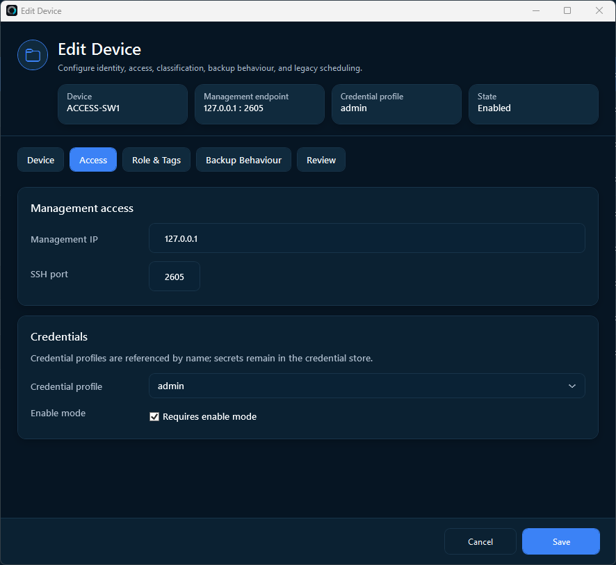Edit Device dialog on the Access tab with management IP, SSH port, credential profile and Requires enable mode selected.