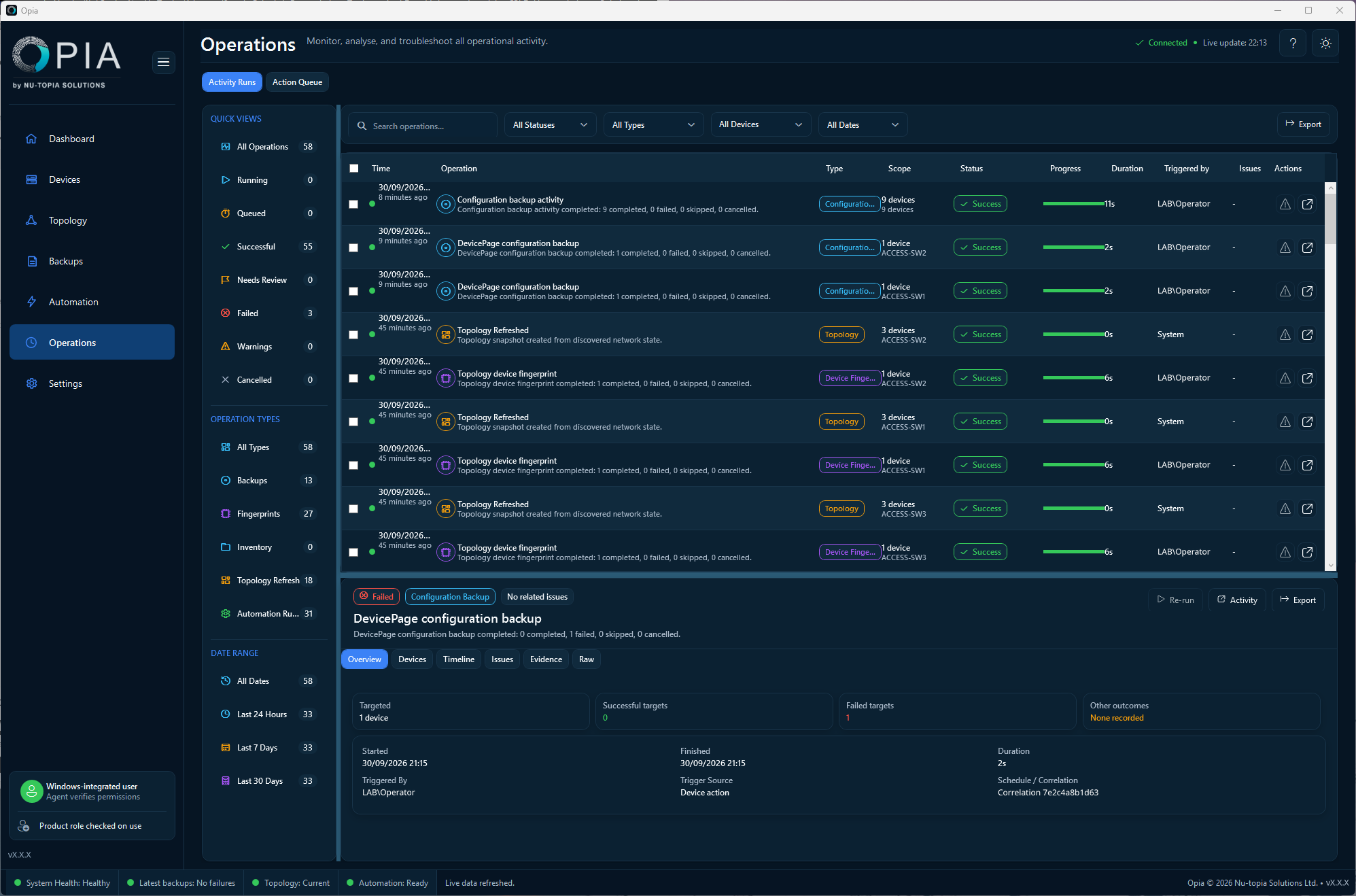 Operations Activity Runs with history filters, successful and failed counts, and a selected failed configuration backup showing one failed target.
