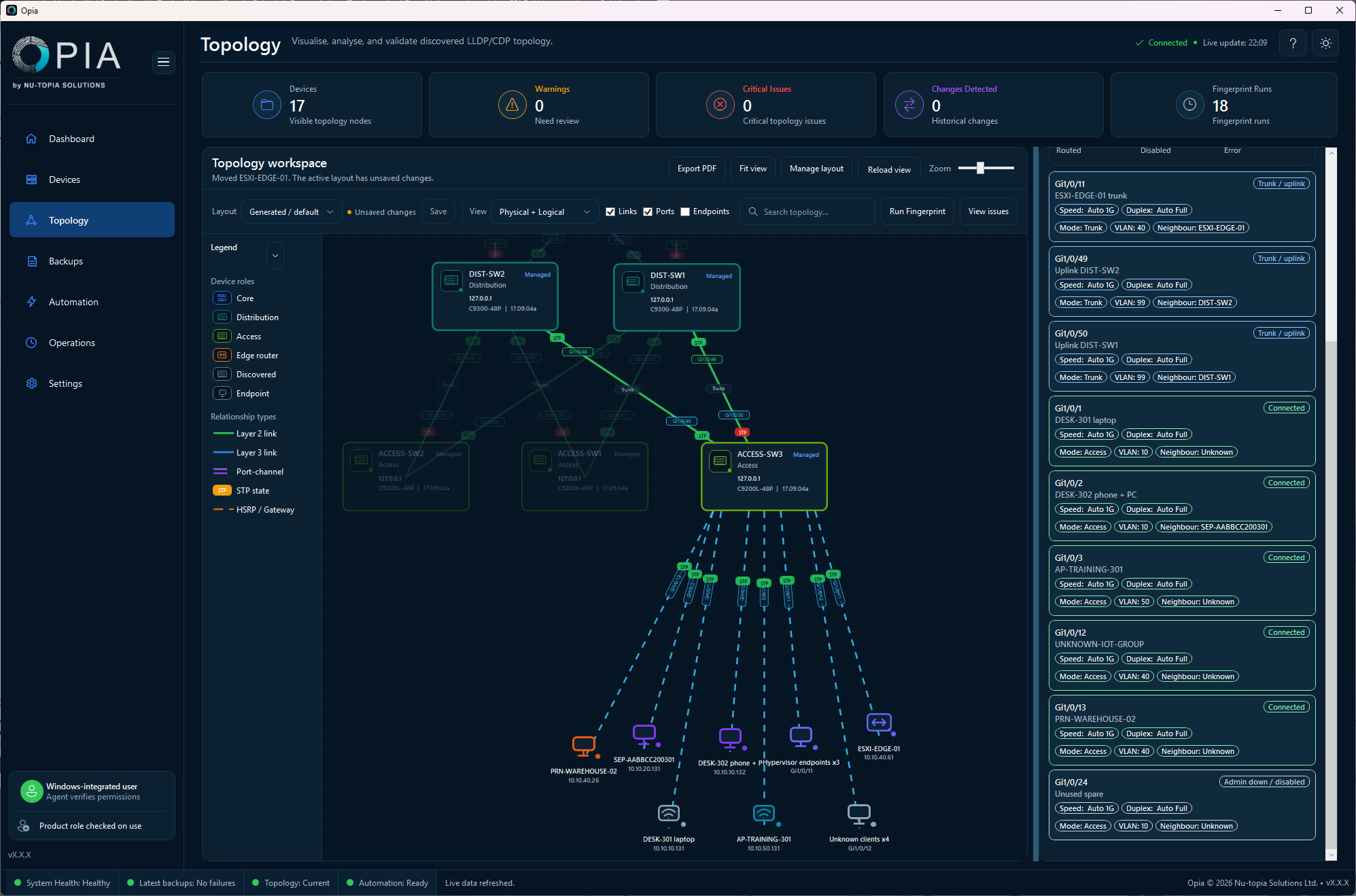 Topology with endpoints enabled beneath selected ACCESS-SW3, including phone, laptop, printer, access point and hypervisor groups, alongside interface details.