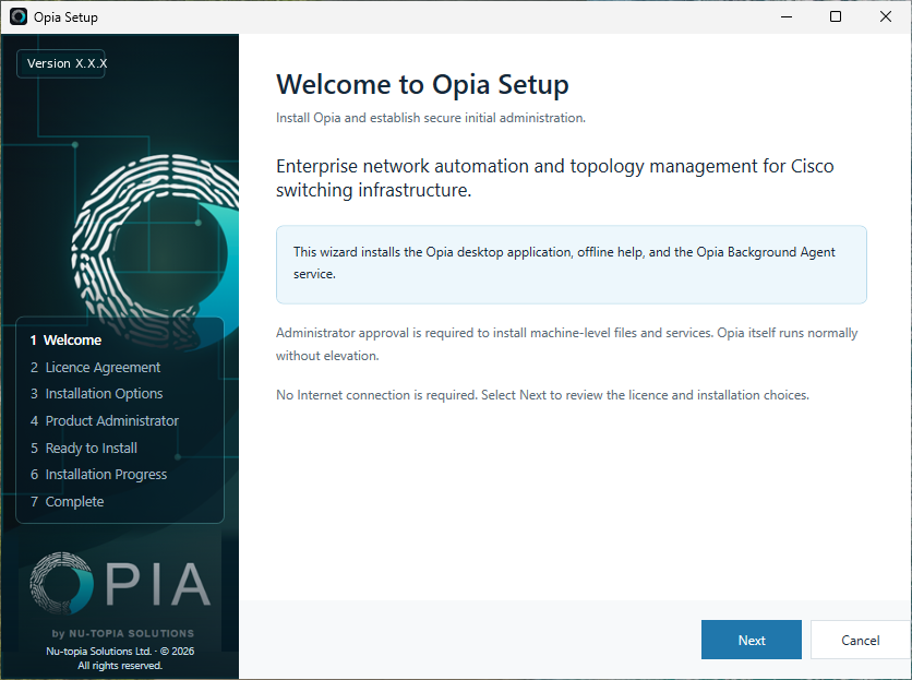 Opia Setup Welcome page showing product branding, version and publisher.