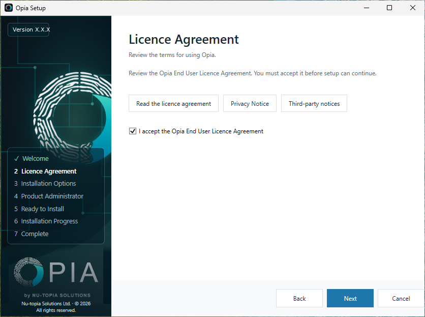 Opia Setup Licence Agreement page showing links to the EULA, Privacy Notice and Third-party Notices.