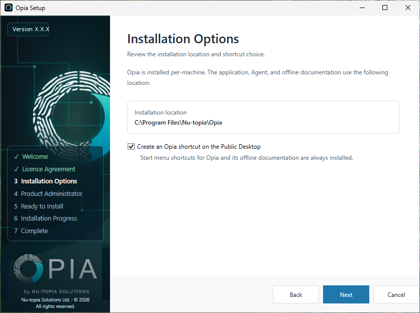 Opia Setup Installation Options page showing the installation location and Public Desktop shortcut choice.