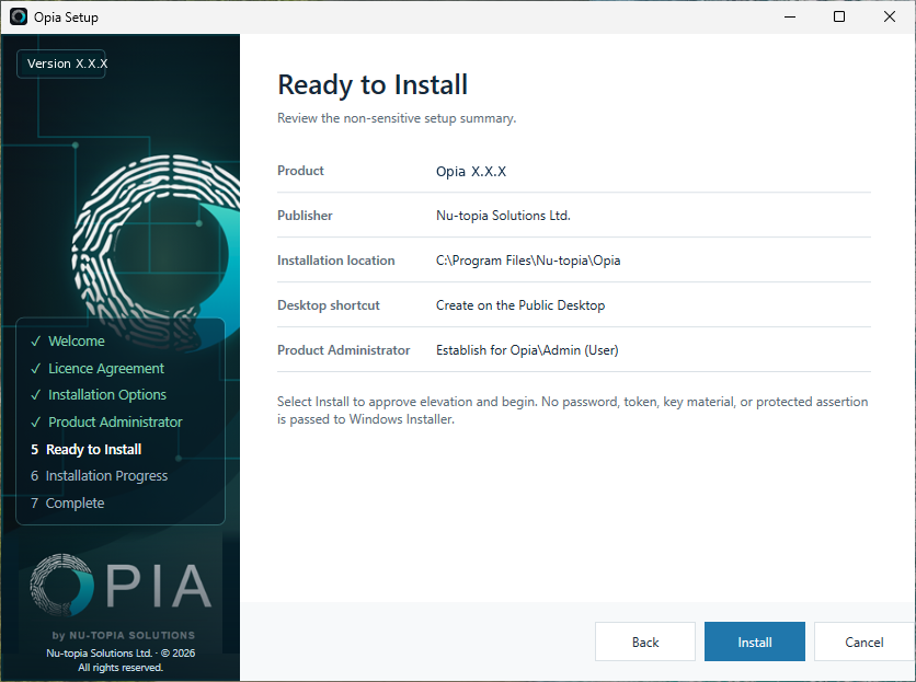 Opia Setup Ready to Install page showing the non-sensitive installation summary.