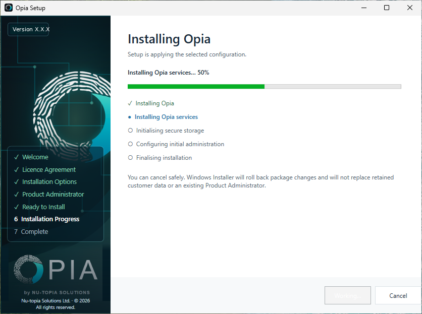 Opia Setup Installation Progress page showing the installation stages.