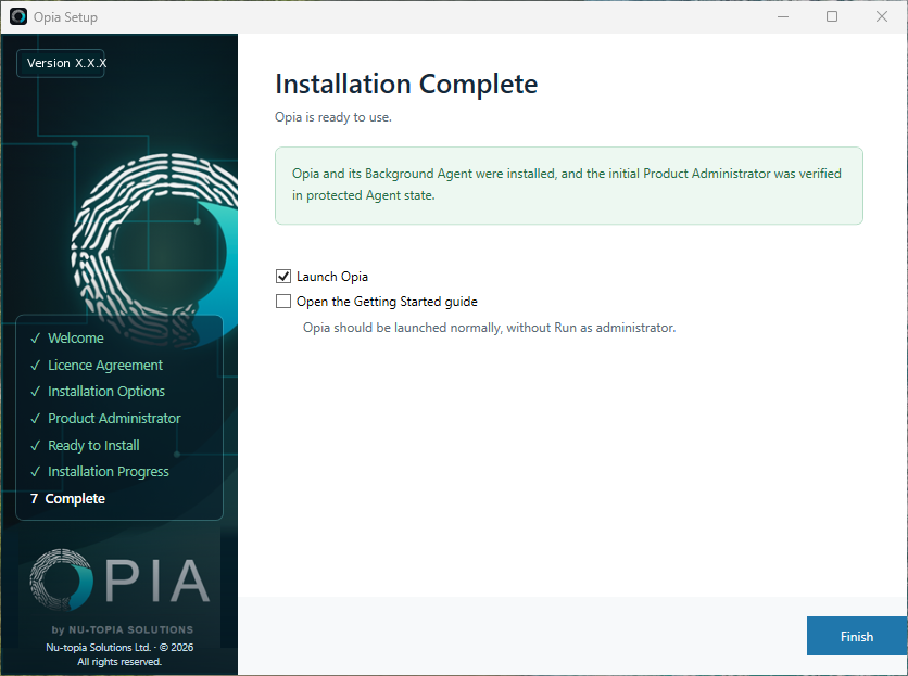Opia Setup Installation Complete page showing successful installation and launch options.